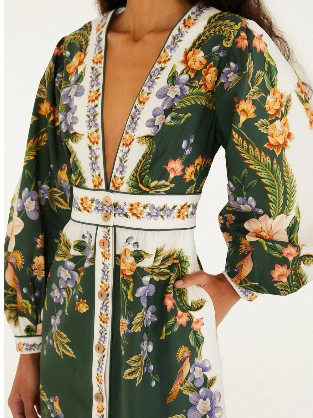 FARM Rio Green White Nature V-Neck Buttoned Floral Maxi Dress - Picture 2 of 10